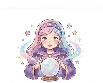 占い師風のキャラクターが水晶玉を見つめているイラスト