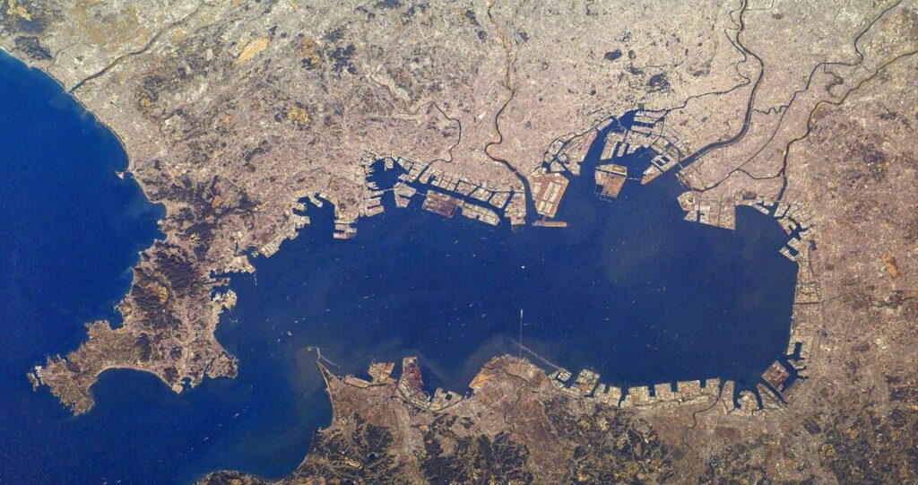 View of Japan taken during ISS Expedition 64. Tokyo Bay, Tokyo City, Arakawa River, Tama River, Edo River, towns Kawasak