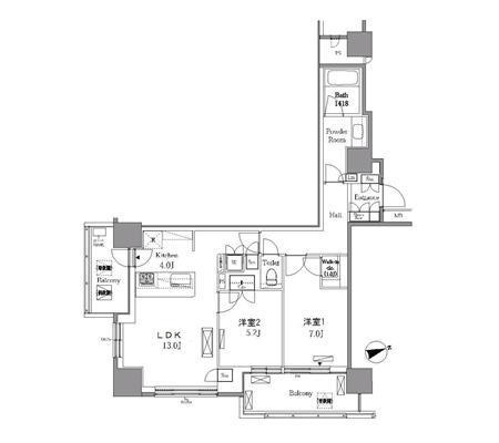 レジディアタワー目黒不動前 509号室 間取り図 2LDK